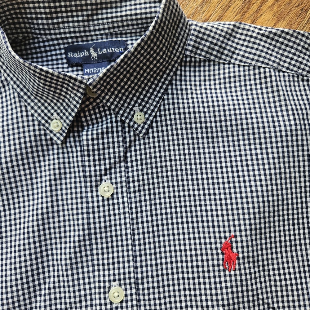 Polo Ralph Lauren Shirt Youth M 10-12 Black White Check Short Sleeve Button Boys